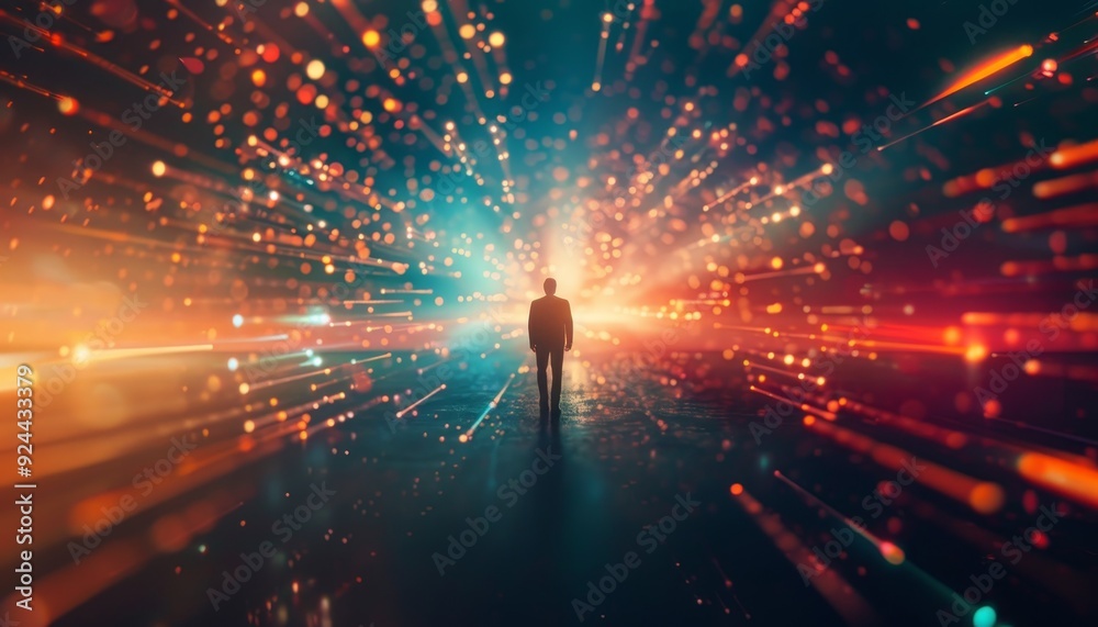 Wall mural a man is walking through a tunnel of light by ai generated image