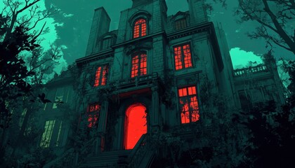 Obraz premium An Abandoned Mansion with Glowing Windows at Night