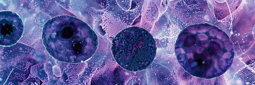 TEM micrograph displaying a mitotic cell alongside interphase cells, revealing dark clusters of chromosomes.