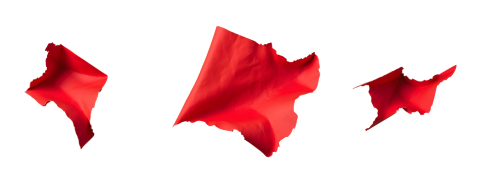 A set of three dynamic views showcasing a torn piece of red paper with an irregular shape and rough edges