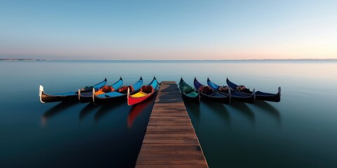 Gondolas lined up side by side at a dock looking out over the water