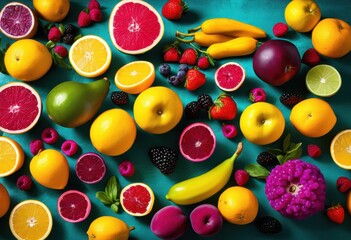Fototapeta premium collection vibrant food textures displayed variety colorful backgrounds showcasing richness diversity, aesthetic, arrangement, appeal, appetizers, bright
