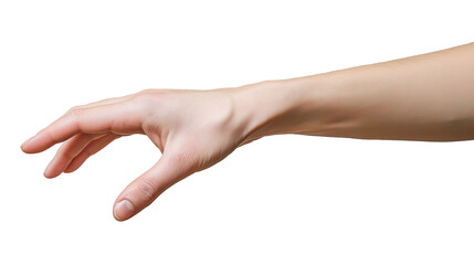 A high-resolution image of a human hand reaching out, isolated on a transparent background. 