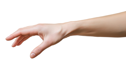 A high-resolution image of a human hand reaching out, isolated on a transparent background. 