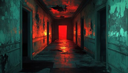 Obraz premium Dark and eerie hallway with peeling paint and a red glow at the end