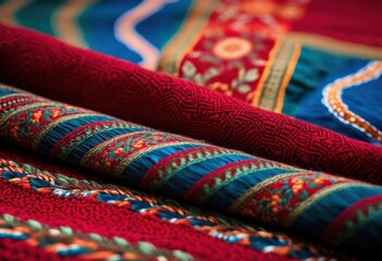 Fototapeta premium close view vibrant intricate fabric patterns showcasing rich array colors detailed textures, embroidery, stitching, textile, design, colorful, cloth