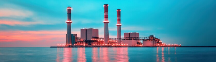 Obraz premium A stunning ocean view of a power plant at sunset, showcasing vibrant colors and industrial architecture reflecting in the water.
