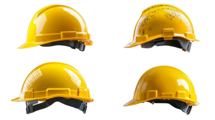 A collection of four high-resolution yellow construction helmets, each in different conditions, isolated on a transparent background. 