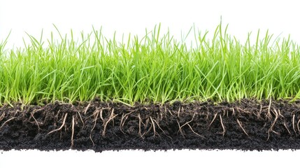 A cross-section of grass with visible green blades on top and a network of roots extending into the dark soil beneath, isolated on a white background.