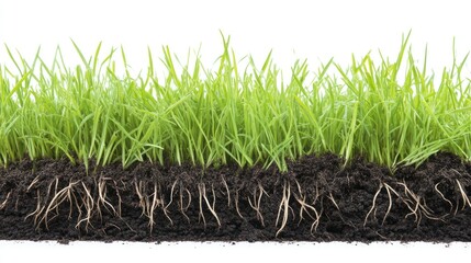A cross-section view of grass with visible roots extending into the soil, illustrating plant growth and soil structure.