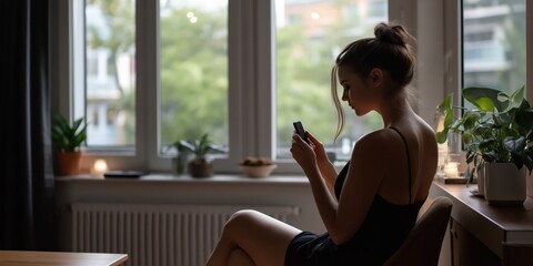 A brunette girl in a little black dress at her apartment getting ready for a night out