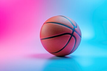 Fototapeta premium Shiny rubber surface of basketball placed on vibrant background in studio in blue light with generative ai