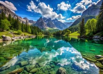 Fototapeta premium Serene alpine lake mirrors snow-capped mountains in a vibrant green summer landscape