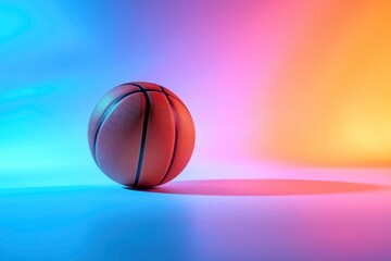Obraz premium Shiny rubber surface of basketball placed on vibrant background in studio in blue light with generative ai