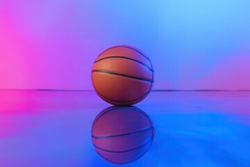Fototapeta premium Shiny rubber surface of basketball placed on vibrant background in studio in blue light with generative ai