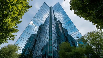 Green city - double exposure of lush green forest and modern skyscrapers windows