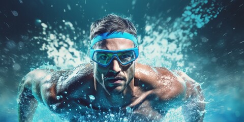 Fototapeta premium Embracing the Aquatic Spirit: A Swimmer in Goggles Gliding Through the Blue-Tinted Water, Capturing the Essence of Athletic Endeavor