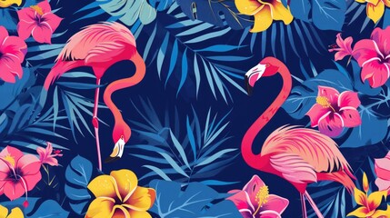 Obraz premium Paradise tropical design with vibrant patterns of Hawaiian flowers and flamingos, ideal for backgrounds or posters.
