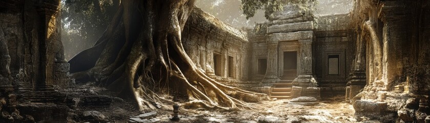 Fototapeta premium A digital rendering of an ancient ruin where tree roots have grown through the structure like veins