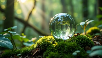 Crystal globe on moss in a forest - environment concept