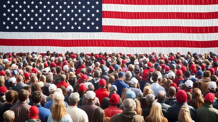 Crowd of People Facing a Large American Flag
