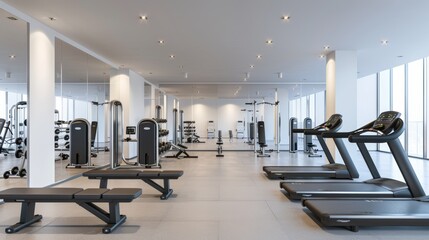 Fototapeta premium Modern Gym Interior Design with Treadmills and Weightlifting Equipment