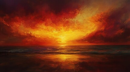 Obraz premium A painting of a sunset where the veins of light in the sky are fragmenting into dusk, blending with the horizon