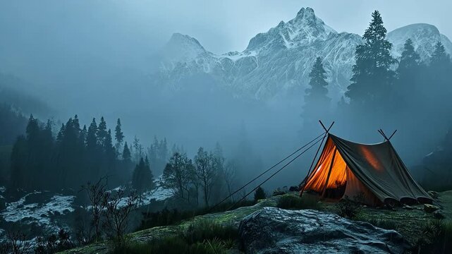 marching across the mountains while camping,