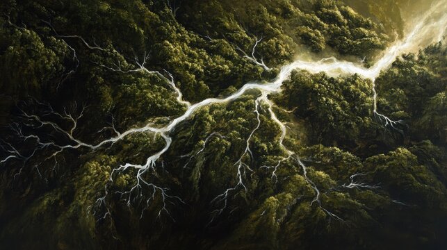 A realistic painting of a landscape where the veins of rivers and streams are splintering into smaller tributaries