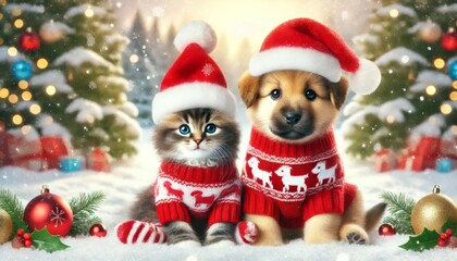 Adorable kitten and puppy dressed in winter hats and scarves sitting in a snowy festive scene with Christmas decorations, ornaments, and gift boxes.