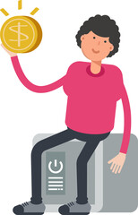 Man Character Sitting on Safe and Holding Dollar Coin
