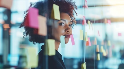 Business colleagues brainstorm using sticky notes and write on glass wall in modern office