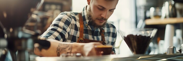 Fototapeta premium A barista in a checkered shirt and apron preparing coffee, with a tattooed arm visible, depicting dedication towards crafting the perfect brew.