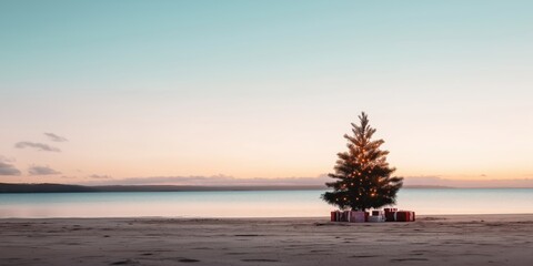 A landscape shot of a Christmas tree with presents on the beach in Australia