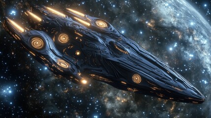 A spaceship with hull designs resembling veins, with glowing energy pulses, set against a starry background