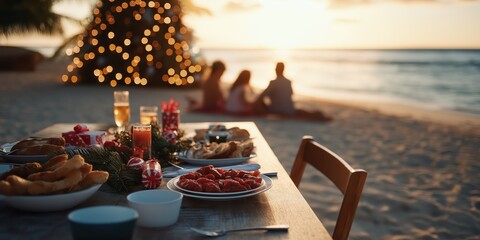 A family celebrating Christmas in the Australian summer.  on the beach