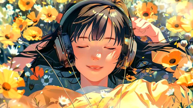 Girl lying in a field of flowers, wearing headphones and smiling, enjoying music. Seamless loop video background