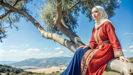 Obraz premium moroccan model wearing a red djellaba sitting on a tree