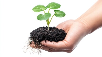 A person's hand holding soil with a young plant sprouting, symbolizing growth, care, and environmental conservation. Isolated on white background.