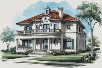 Fototapeta premium Elegant Vintage Villa Architectural Sketch with Innovative Design and Urban Aesthetic