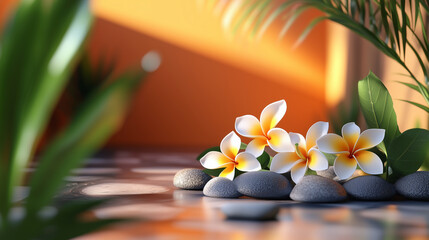 Fototapeta premium A 3D spa with frangipani flower clean and clear with bright color, free text, cute style --ar 16:9 --stylize 250 --v 6.1 Job ID: 45525da0-b7ca-48d0-bdc8-02a0dc4ac877