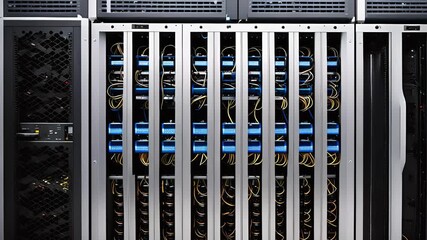 Detailed Close-Up of Server Rack with Cooling Fans and Network Ports