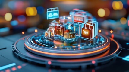 Futuristic digital interface displaying various shopping icons and symbols, ideal for technology and e-commerce themes.