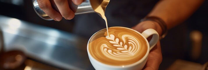 A close-up shot of a barista carefully pouring intricate latte art into a coffee cup, showcasing the skill and precision involved in coffee making.