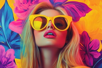 Pop art style portrait of a woman with blonde hair and yellow sunglasses, colorful background
