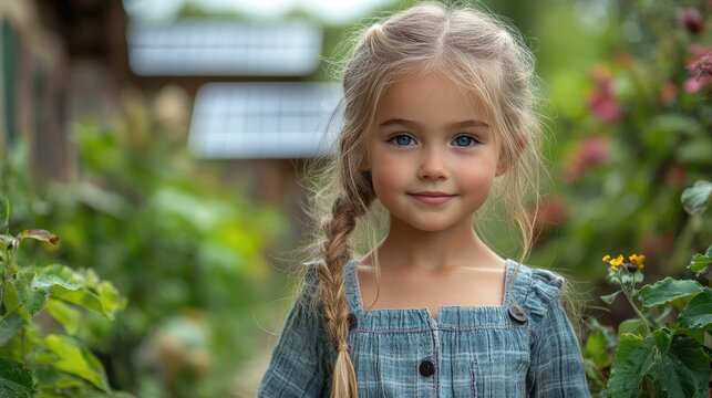 little girl holding solar panel photovoltaics saving alternative energy resources and sustainable lifestyle concept