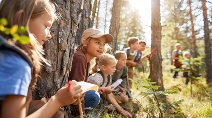 Fototapeta premium Kids gather in a forest, engaging in nature exploration and learning with enthusiasm under the warm sunlight