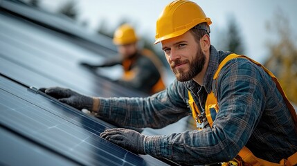 Obraz premium men installing solar photovoltaic panels on roof alternative energy resources and sustainable lifestyle concept