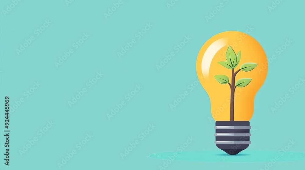 Wall mural light bulb with sprouting seed, ideas leading to new growth, flat design illustration