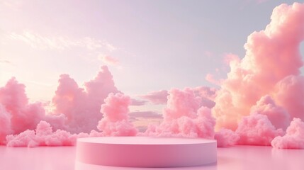 clouds in the sky, A soft pink pedestal stand, \ sky with pastel hues, pink cloud sky, pink podium